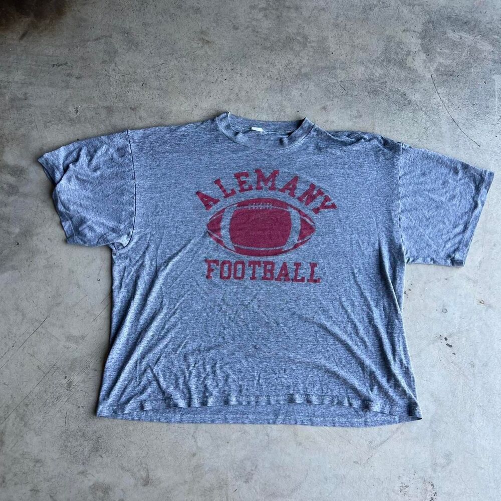 90s Alemany Football Tee Gray with red football graphic and text single stitch M